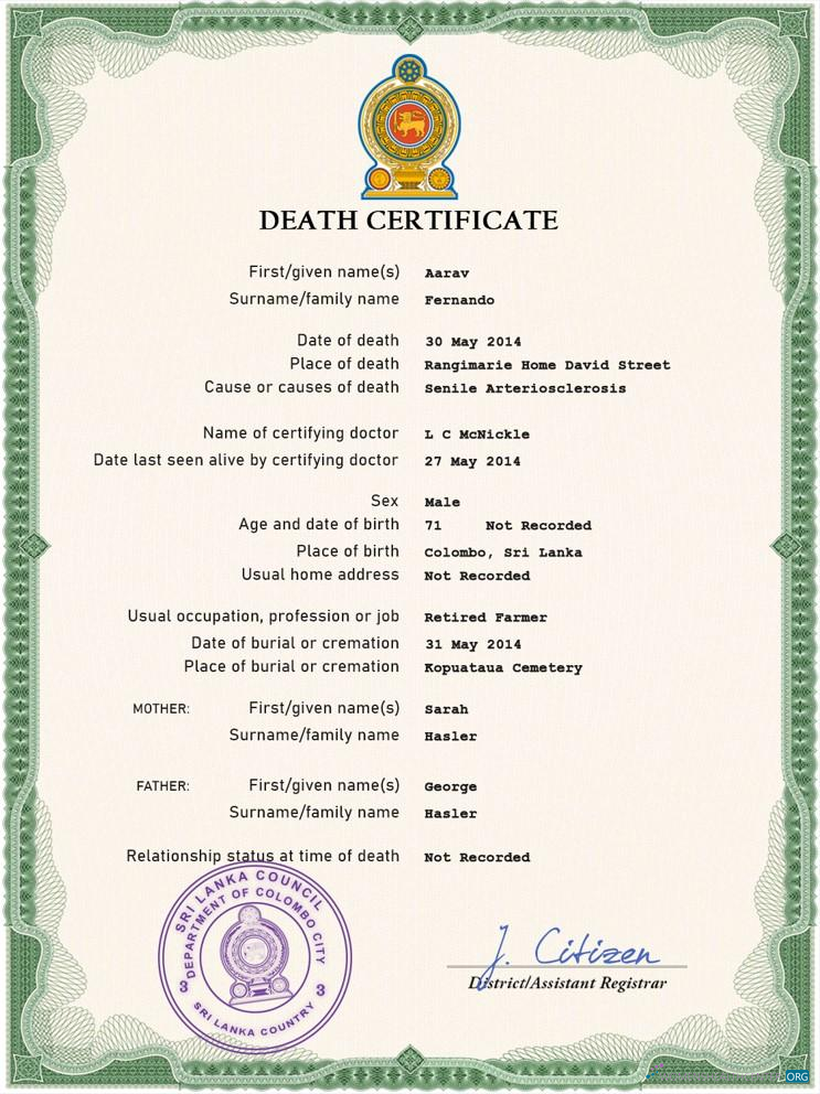 Download Sri Lanka vital record death certificate PSD template Photoshop template